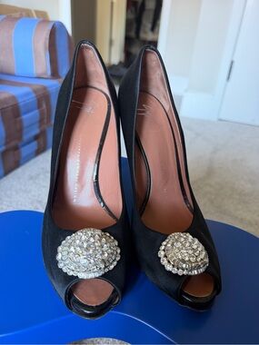 Giuseppe Zanotti Black Satin Peep-Toe Heels with Crystal Brooch